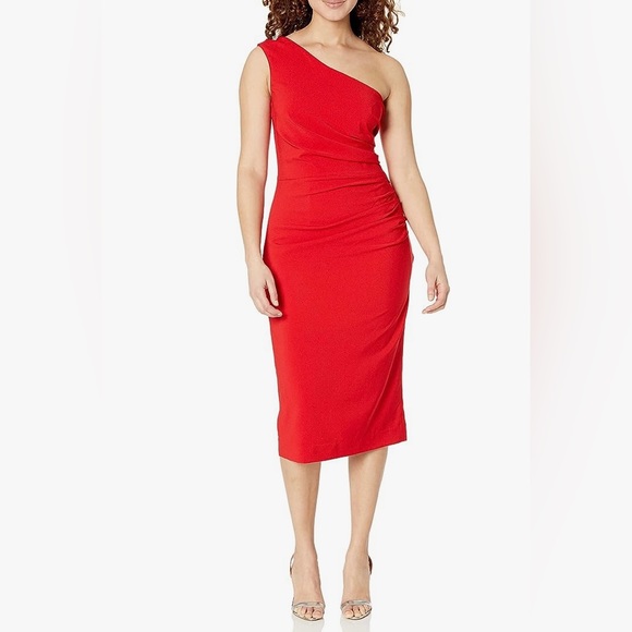 Dress the Population Dresses & Skirts - COPY - Martine Stretch Crepe One-Shoulder in Rouge